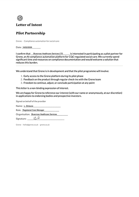 Signed Letter of Intent to pilot with a CQC Outstanding-rated provider